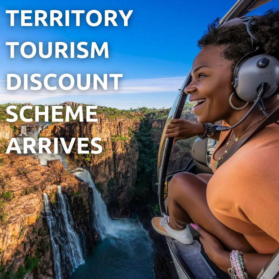 A woman enjoying a doors off helicopter experience over a waterfall.
Territory Tourism Discount Scheme - Tourism NT.

